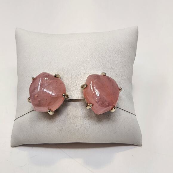 Pink Glass Faux Stone Silver Tone Clipon Earrings Costume Jewelry Chunky - Picture 1 of 5